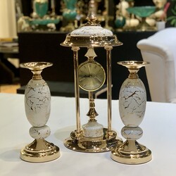 Dekor Arya - 3 Parça Saat Seti Beyaz Mermer Desen - Gold