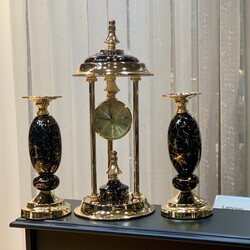 Dekor Arya - 3 Parça Saat Seti Siyah Mermer Desen - Gold