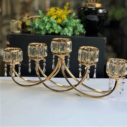 5 Kollu Kristal Taşlı Gold Şamdan - 3