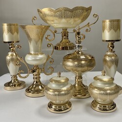 Dekor Arya - 7 Parça Salon Konsol Aksesuar Takımı Krem Gold
