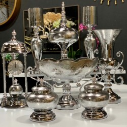 8 Parça Saatli Salon Konsol Aksesuar Seti Gümüş Gümüş - Dekor Arya