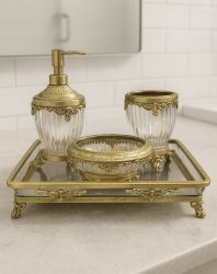 Pirinç & Kristal Dekoratif Banyo Seti – Altın Kare - Dekor Arya