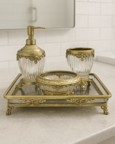 Pirinç & Kristal Dekoratif Banyo Seti – Altın Kare - 1