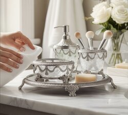 Pirinç & Kristal Dekoratif Banyo Seti – Gümüş Desenli - Dekor Arya