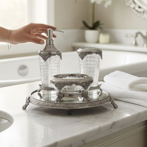 Pirinç & Kristal Dekoratif Banyo Seti – Gümüş Oval - 1