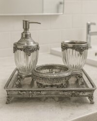 Pirinç & Kristal Dekoratif Banyo Seti – Gümüş Kare - Dekor Arya