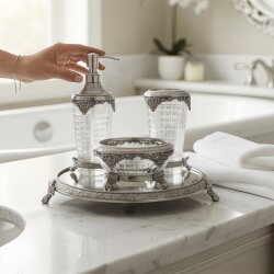Pirinç & Kristal Dekoratif Banyo Seti – Gümüş Oval - Dekor Arya