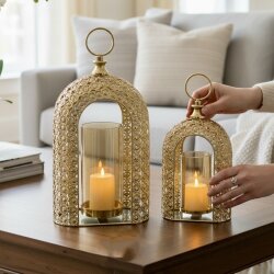 Altın Renk Dekoratif Fener Mumluk – 2’li Set - Dekor Arya