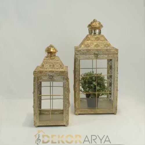 Antik Görünümlü Metal & Cam Nostaljik Çift Fener - 1