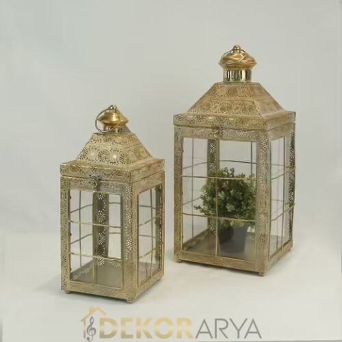 Antik Görünümlü Metal & Cam Nostaljik Çift Fener - 2