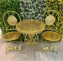 Altın Renkli 2 Sandalyeli Metal Bahçe & Balkon Masa Seti - Deco Vien 