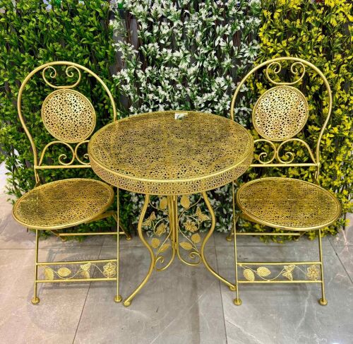 Altın Renkli 2 Sandalyeli Metal Bahçe & Balkon Masa Seti - 1