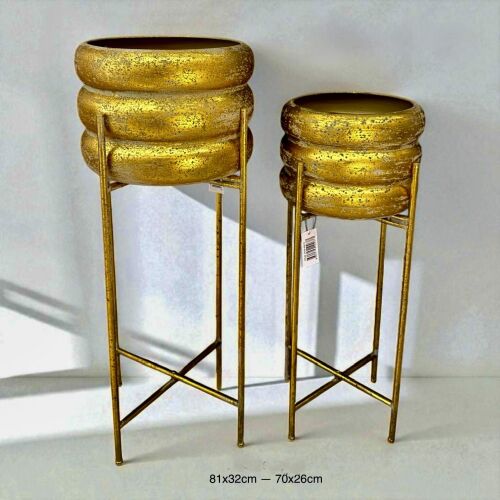 Altın Renkli 2’li Metal Ayaklı Saksı Seti (81 cm & 70 cm) - 1