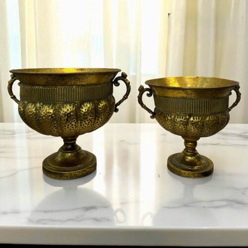 Gold Antik Dokulu 2’li Kulplu Dekoratif Saksı Seti - 1