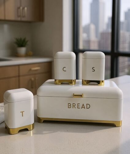Çay Kahve Şeker Kavanozu & Ekmek Kutusu Seti – Beyaz Altın - 1