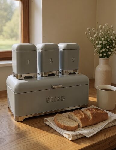 Çay Kahve Şeker Kavanozu & Ekmek Kutusu Seti – Gri Altın - 1