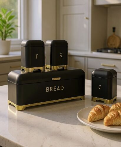 Çay Kahve Şeker Kavanozu & Ekmek Kutusu Seti – Siyah Altın - 1