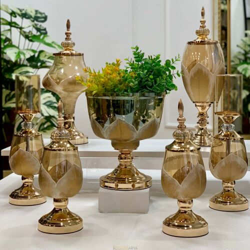 7 Parça Salon Konsol Aksesuar Seti Yaprak Gold Krem - 1