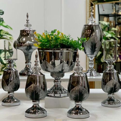 7 Parça Salon Konsol Aksesuar Seti Yaprak Silver - 1