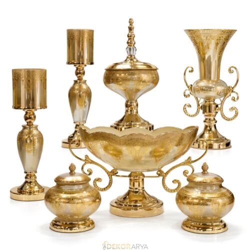 Imperial Royal Crest 7 Parça Salon Aksesuar Seti – Gold & Bej, Klasik Lüks Dekor - 1