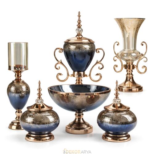 Lacivert Gold Lüks Salon Dekor Seti – Gösterişli Cam & Altın Detaylı 7 Parça Set - 6