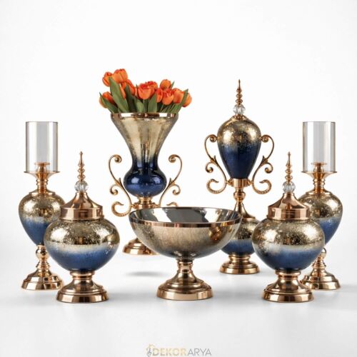 Lacivert Gold Lüks Salon Dekor Seti – Gösterişli Cam & Altın Detaylı 7 Parça Set - 1