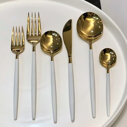 BRONDOFF - İkon 36 Parça Çatal Kaşık Bıcak takımı Gold Beyaz