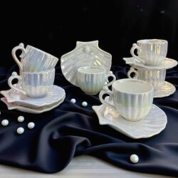 İncili 6 Kişilik Türk Kahvesi Fincan Takımı İnci Beyaz - Dekor Arya