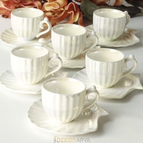 İncili 6 Kişilik Türk Kahvesi Fincan Takımı İnci Beyaz - 2