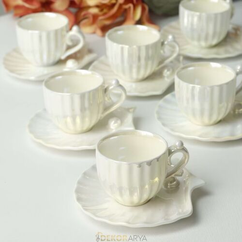 İncili 6 Kişilik Türk Kahvesi Fincan Takımı İnci Beyaz - 1