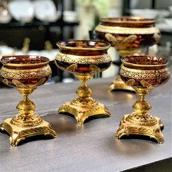 Dekor Arya - Manolya 4'Lü Üfleme Cam Dekoratif Sunumluk Kahve Gold