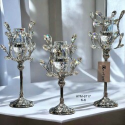 3lü Kristalex Taşlı Dal Mumluk Gümüş - 2