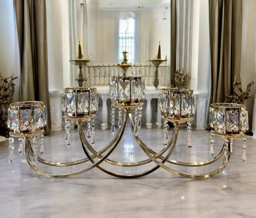 5 Kollu Kristal Taşlı Gold Şamdan - 1