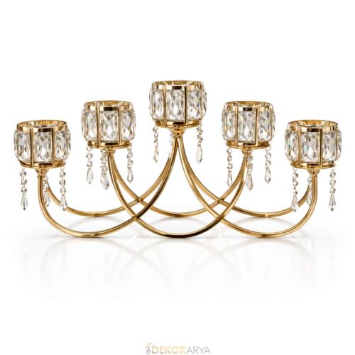 5 Kollu Kristal Taşlı Gold Şamdan – Yatay Form, Konsol & Masa Üstü Lüks Dekor - 1