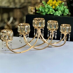 5 Kollu Kristal Taşlı Gold Şamdan - 2