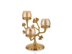 Gıngko Yapraklı Gold Camlı 3 Kollu Mumluk - Lamedore