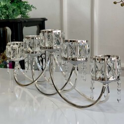 Kristal Taşlı Gümüş Beşli Şamdan – Sarkıt Kristalli, Konsol & Masa Üstü Lüks Dekor - 3