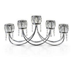 Kristal Taşlı Gümüş Beşli Şamdan – Sarkıt Kristalli, Konsol & Masa Üstü Lüks Dekor - Deco Vien