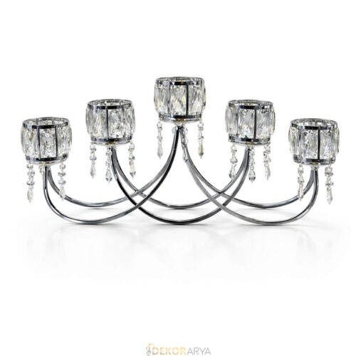 Kristal Taşlı Gümüş Beşli Şamdan – Sarkıt Kristalli, Konsol & Masa Üstü Lüks Dekor - 1