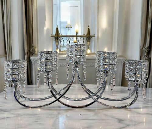 5 Li Kristal Taşlı Gümüş Yatay Mumluk - 1