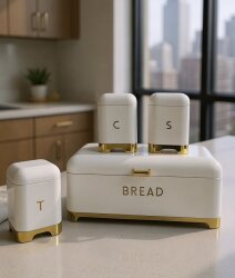 Çay Kahve Şeker Kavanozu & Ekmek Kutusu Seti – Beyaz Altın - Dekor Arya