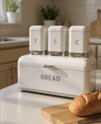 Çay Kahve Şeker Kavanozu & Ekmek Kutusu Seti – Beyaz Gümüş - Dekor Arya