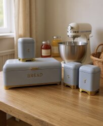 Çay Kahve Şeker Kavanozu & Ekmek Kutusu Seti – Gri Gümüş - Dekor Arya