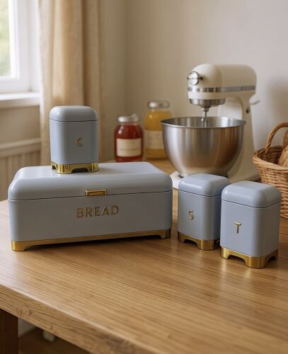 Çay Kahve Şeker Kavanozu & Ekmek Kutusu Seti – Gri Gümüş - 1