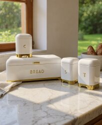 Çay Kahve Şeker Kavanozu & Ekmek Kutusu Seti – Klasik Beyaz Altın - Dekor Arya