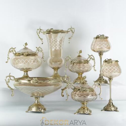 Dekor Arya Antik Barok Pirinç Salon Aksesuar Seti – 7 Parça Lüks Konsol ve Vitrin Dekor Seti - 1