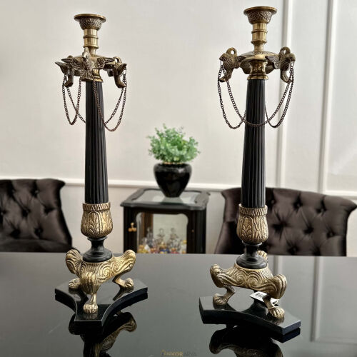 Roma 2li Siyah Pirinç Zincirli Şamdan 48 Cm - 1