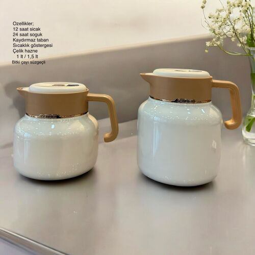 Lychee White İkili Çelik Hazneli Termos Seti (1 L & 1,5 L) – Bitki Çayı Süzgeçli - 1